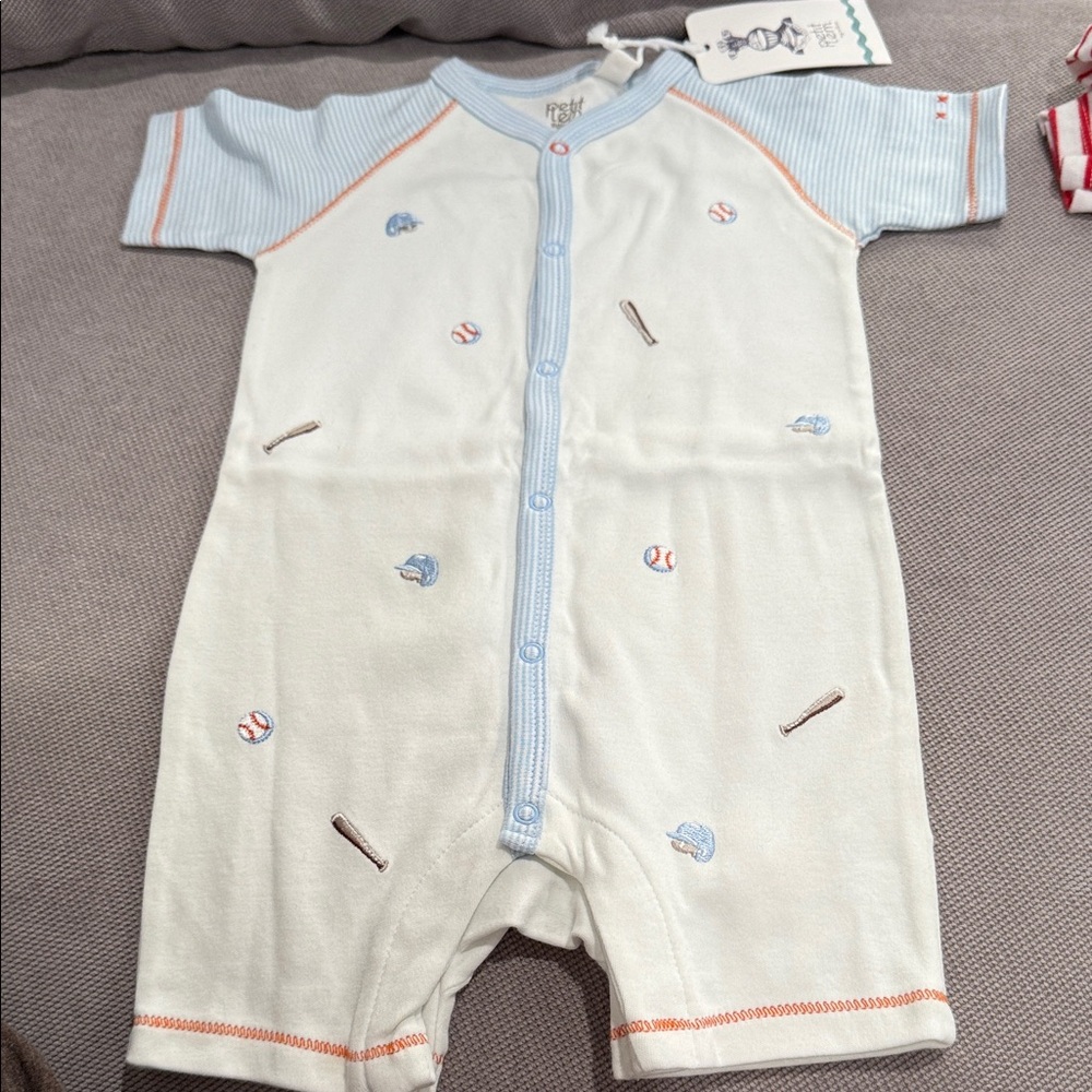 Baby Baseball Short-Sleeve One-Piece Romper - Light Blue & White